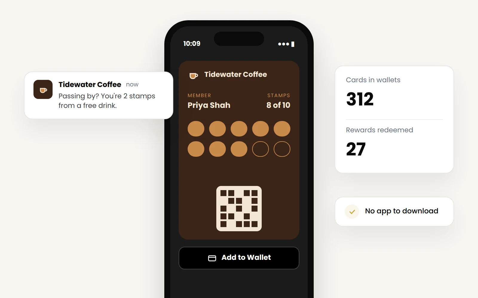 Digital stamp card in a phone wallet with a walk-by notification