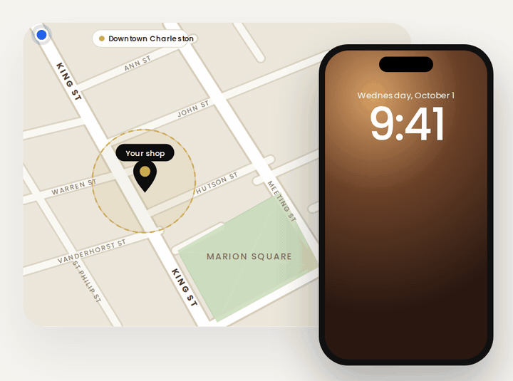 Animated demonstration of walk-by geofence alert on King Street in Downtown Charleston lighting up an iPhone lock screen