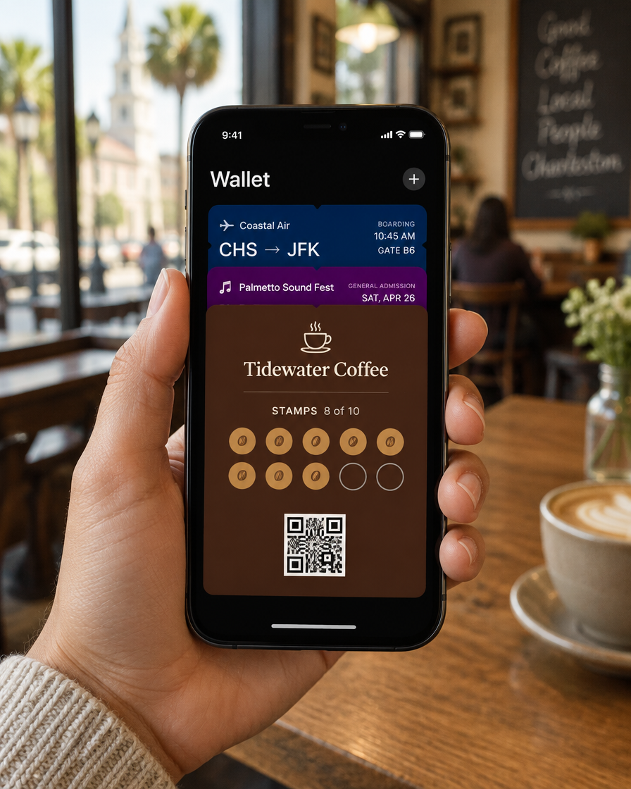 Coffee shop loyalty card in a phone wallet next to a boarding pass and event ticket, with a walk-by reminder