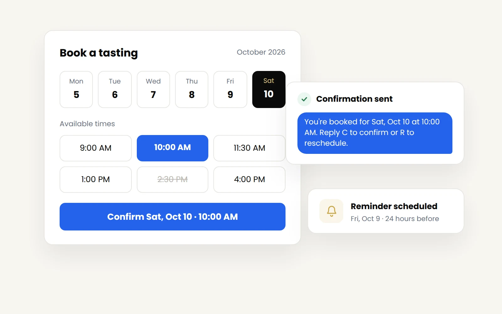 Online booking calendar with a confirmation text and reminder