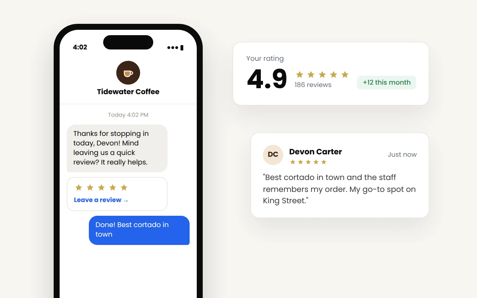 Review request text and a 4.9-star rating