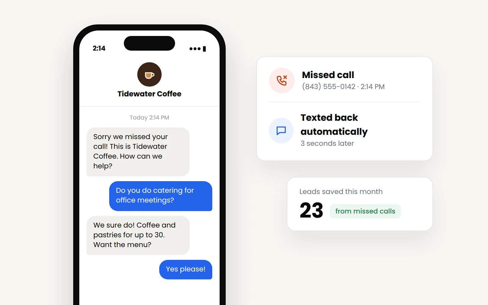 Automatic text sent to a customer after a missed call