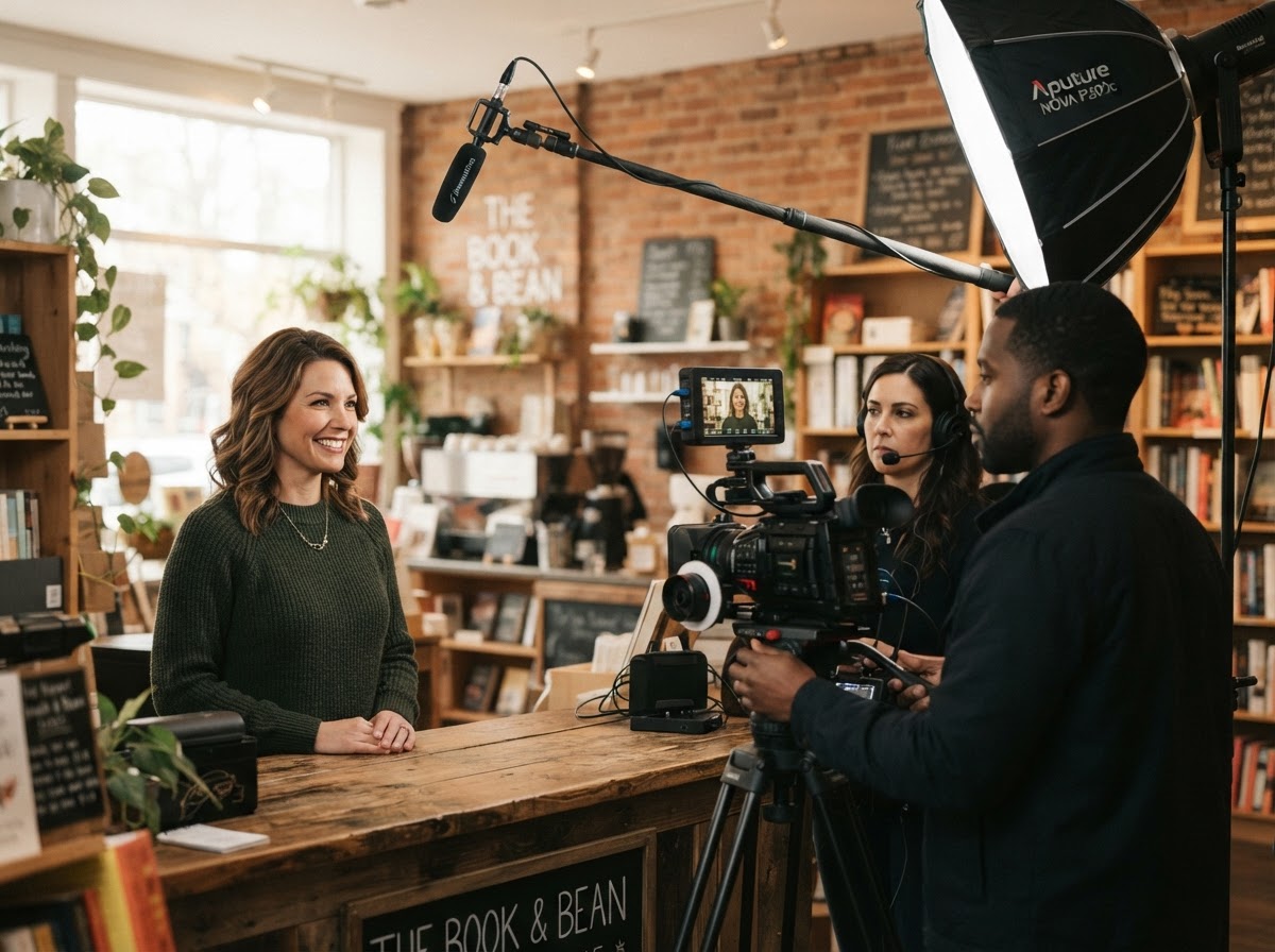 Local business owner smiling on camera during a professional on-location video shoot