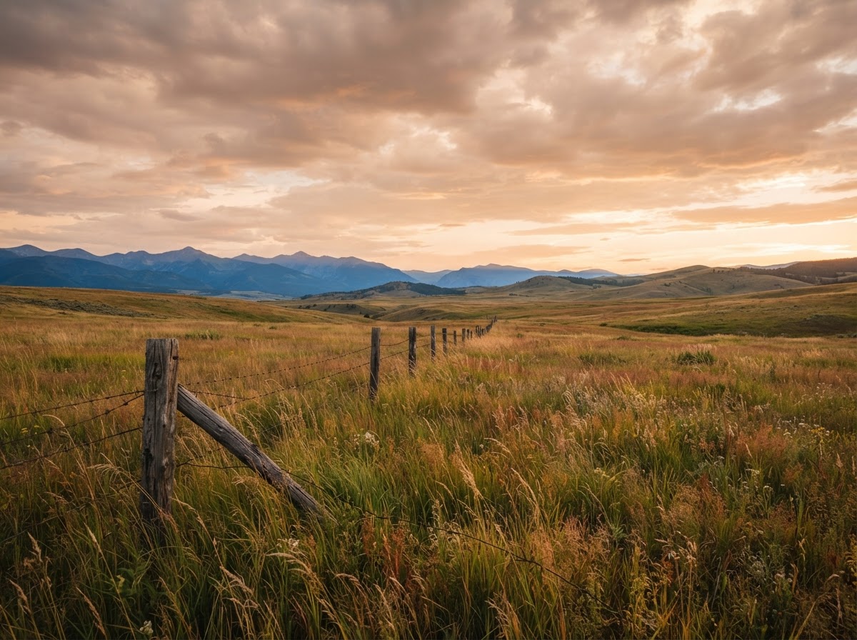 Wide open meadow with a fence line and distant hills
