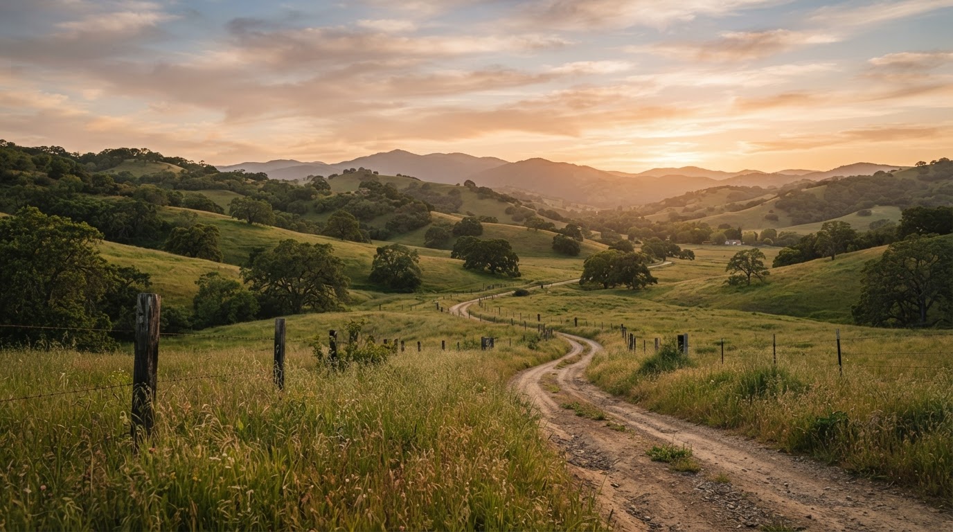 Peaceful open rural land at golden hour