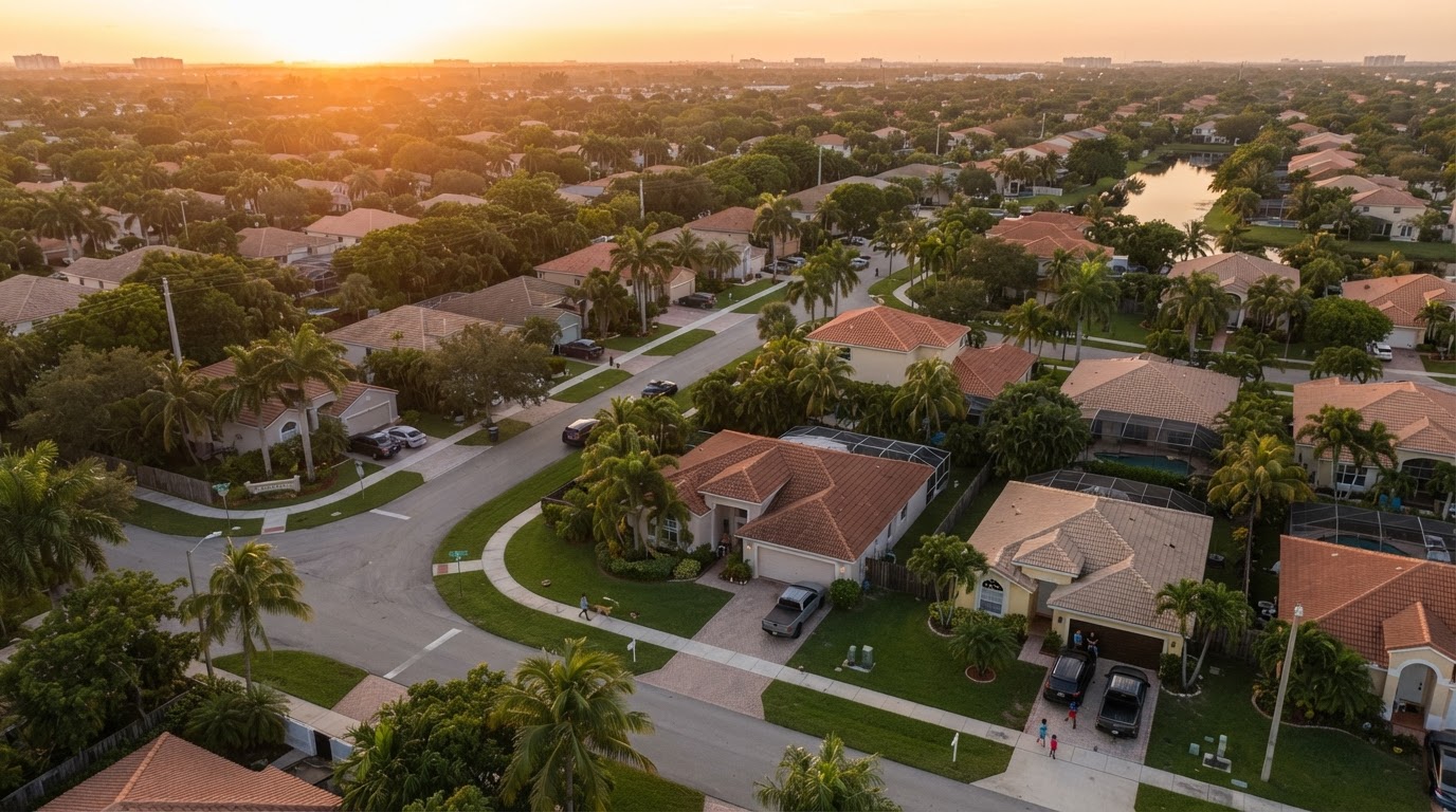 Aerial view of a warm South Florida neighborhood at golden hour