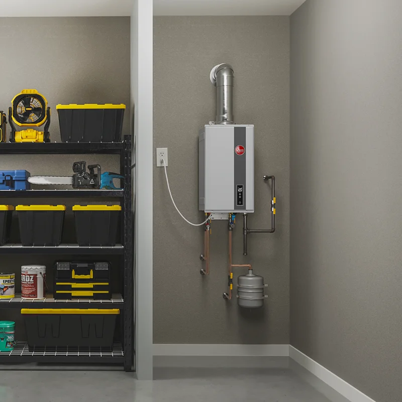Rheem high-efficiency wall-mounted tankless water heater installed in a residential mechanical space