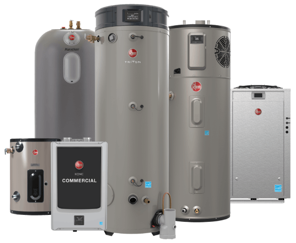Comprehensive line of Rheem traditional tank, commercial, and high-efficiency water heater replacement options