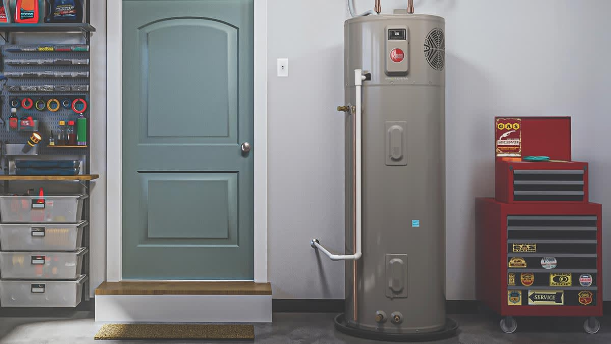 Rheem ProTerra high-efficiency hybrid heat-pump water heater installed in an unfinished utility space
