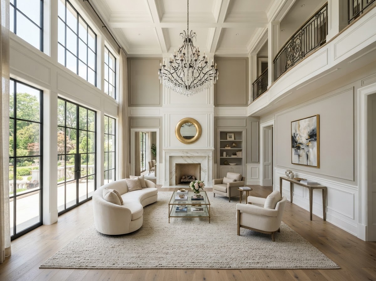 High-end architectural living room with flawless paint finish