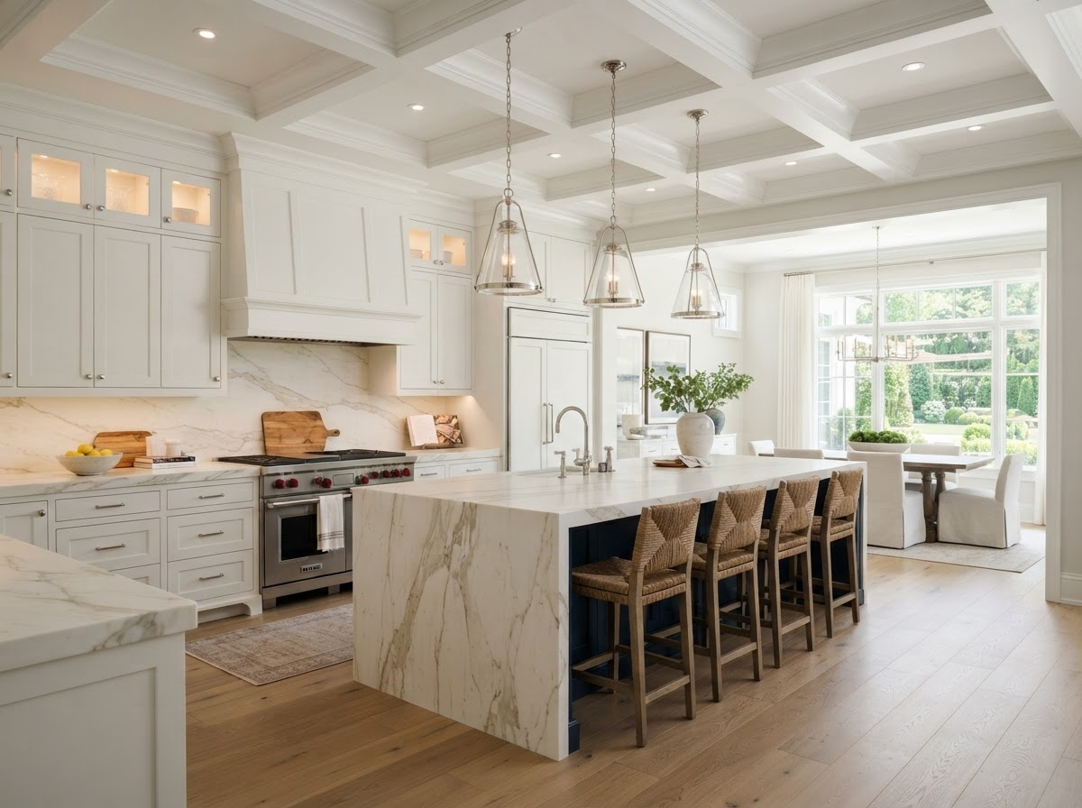 Custom cabinetry and painted coffered ceiling details