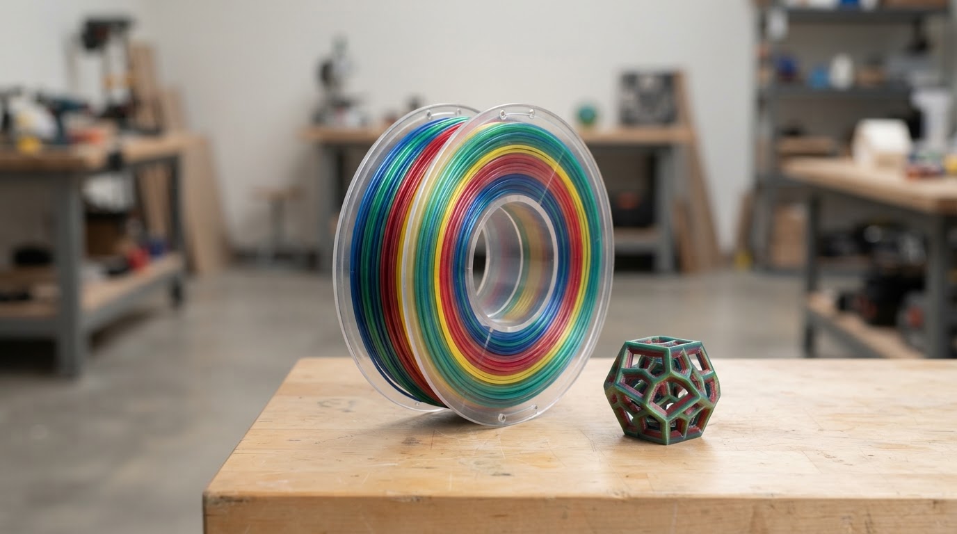Coils of colored PLA 3D printing filament on a spool with a small printed PLA part