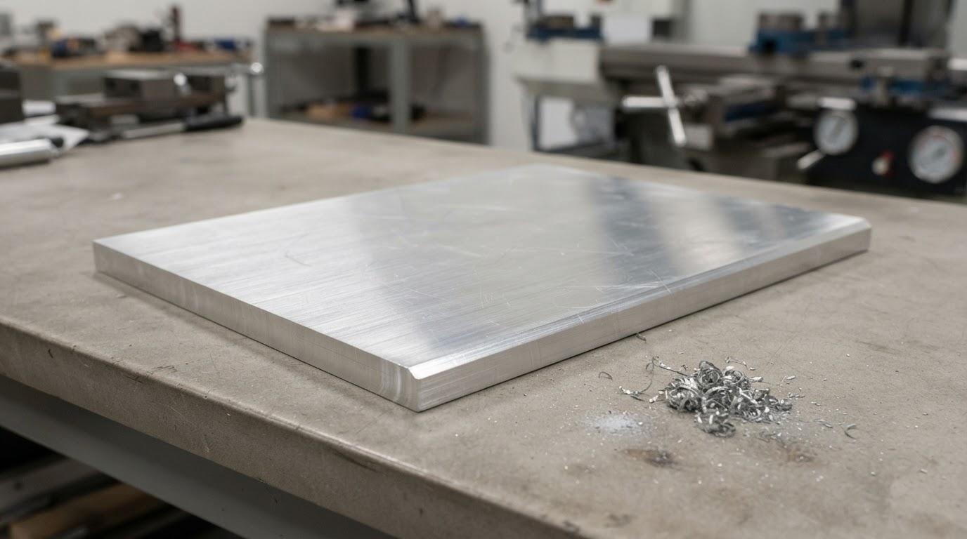 A flat aluminum plate stock workpiece with a machined edge and small metal chips