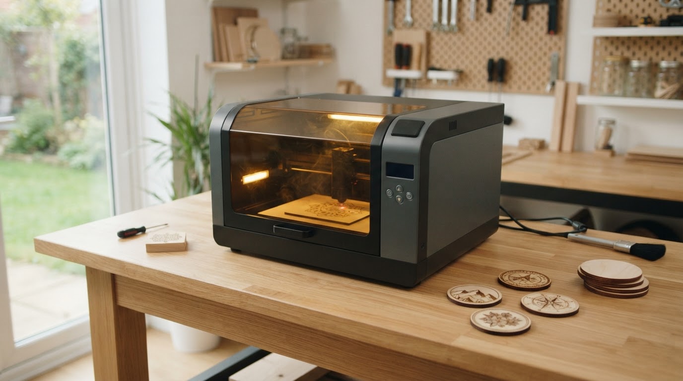 A compact enclosed desktop laser engraver on a tidy home workshop bench