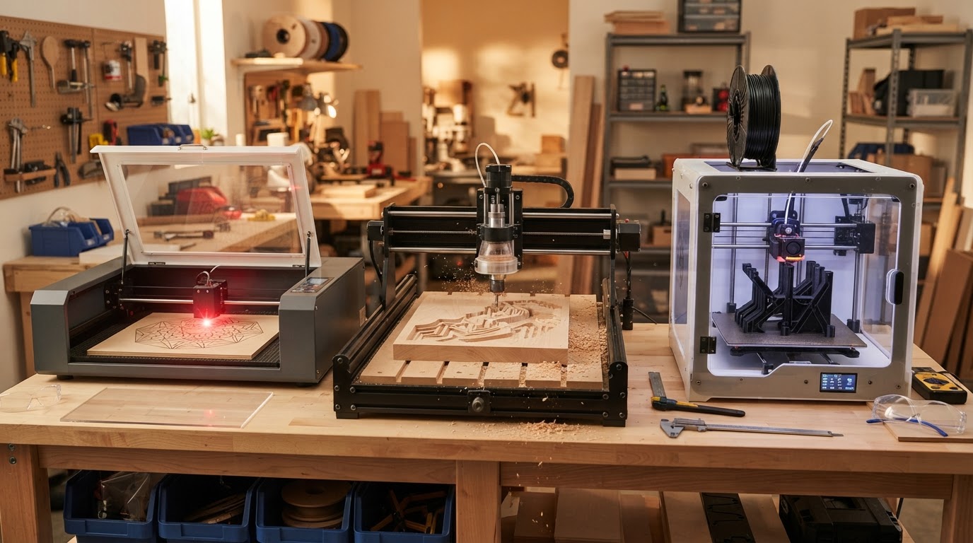 A clean modern digital workshop showing three fabrication technologies side by side: a laser cutter engraving a flat panel, a CNC router machining hardwood, and a 3D printer building a dimensional part