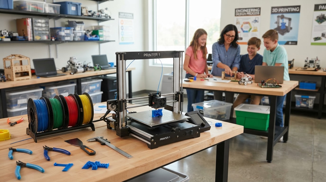 Students and a teacher observing a desktop 3D printer running in a clean, modern STEM classroom environment