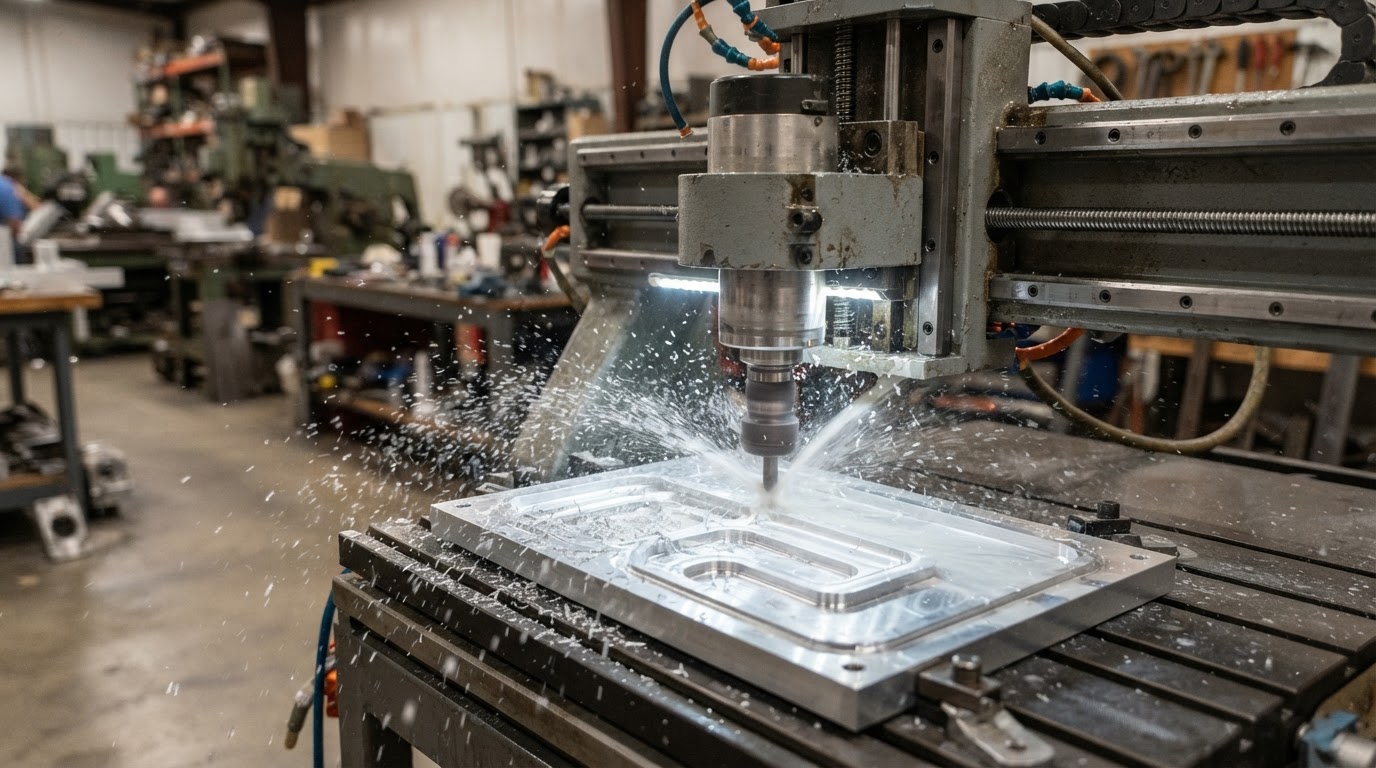 A CNC router machining a flat aluminum plate with fine metal chips and coolant mist