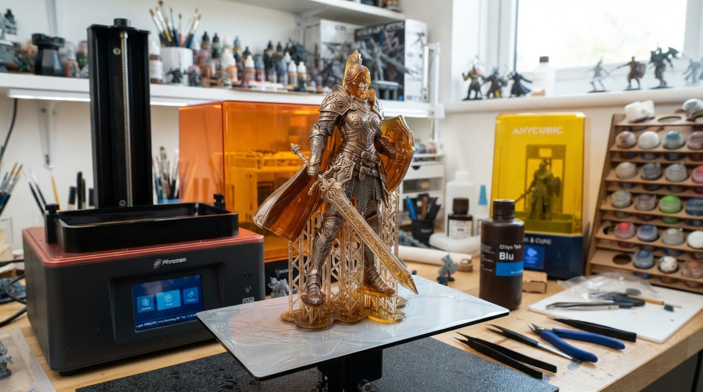 A detailed tabletop gaming miniature being produced on a high-precision resin 3D printer in a workshop