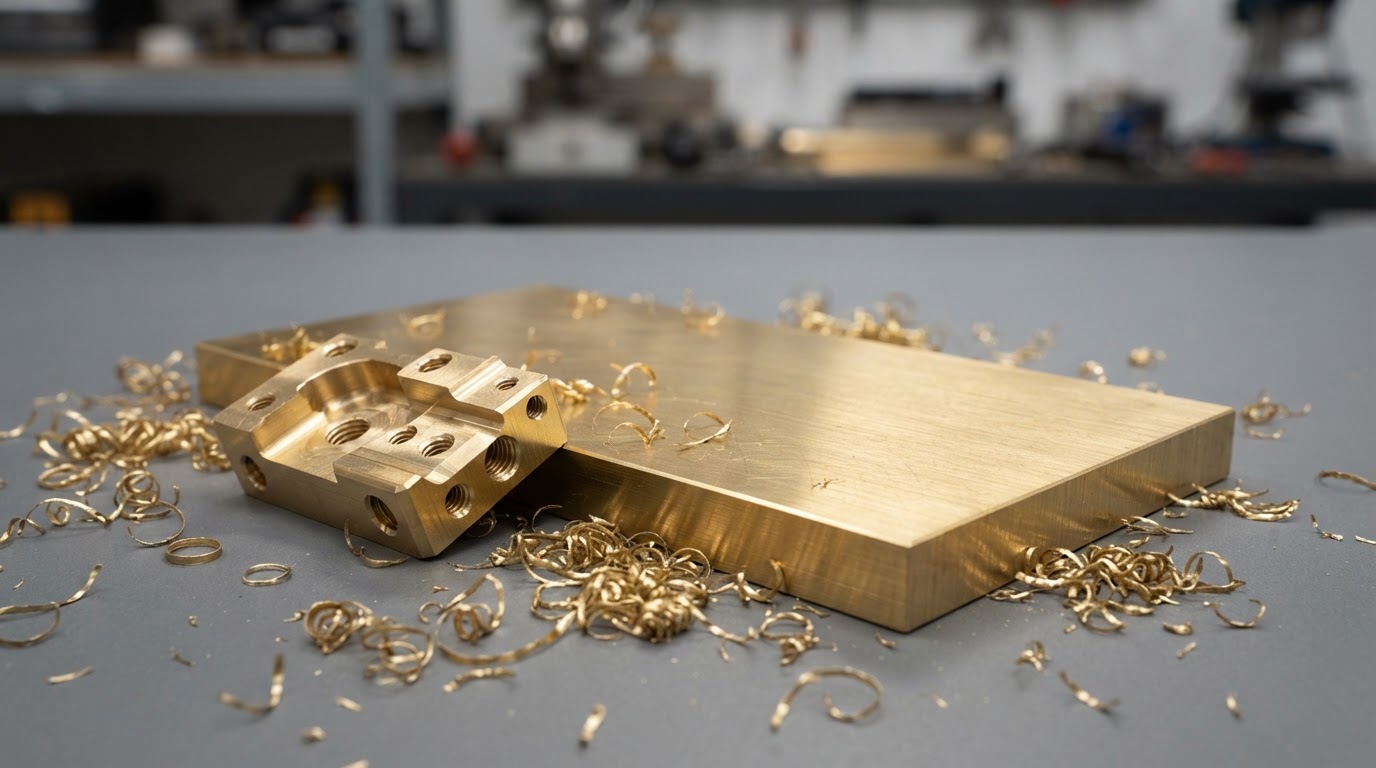 Solid brass stock — a flat brass plate and a small machined brass workpiece