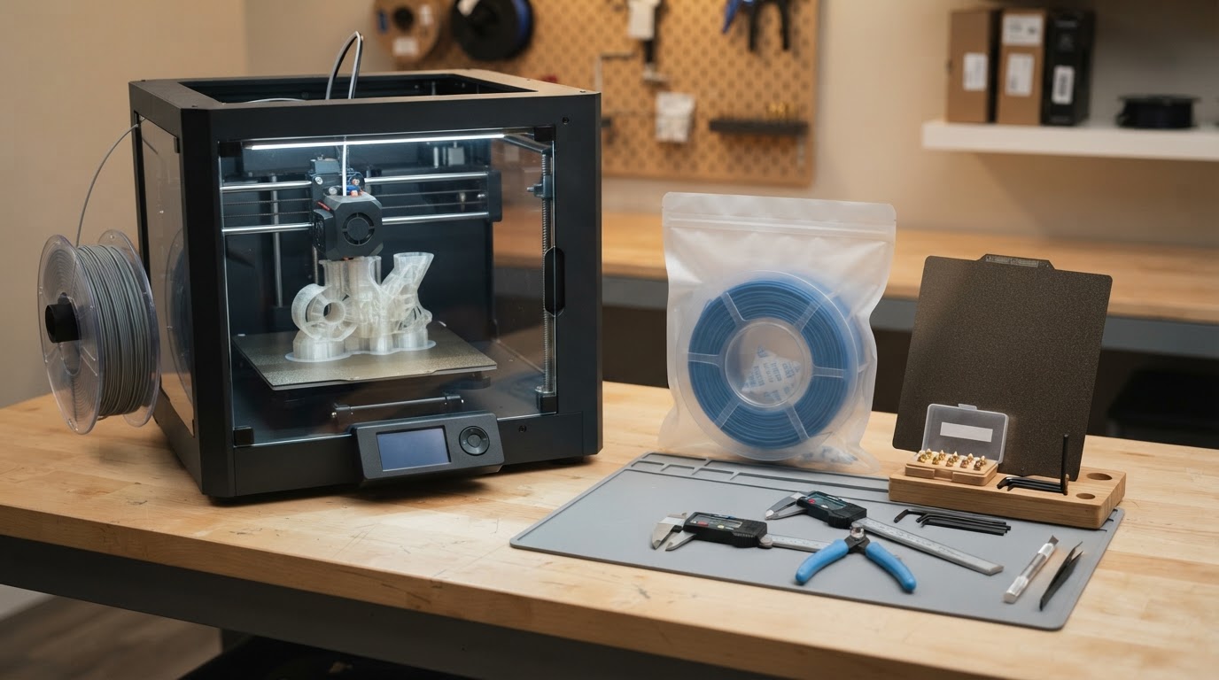 A filament dryer unit on a 3D-printing workbench