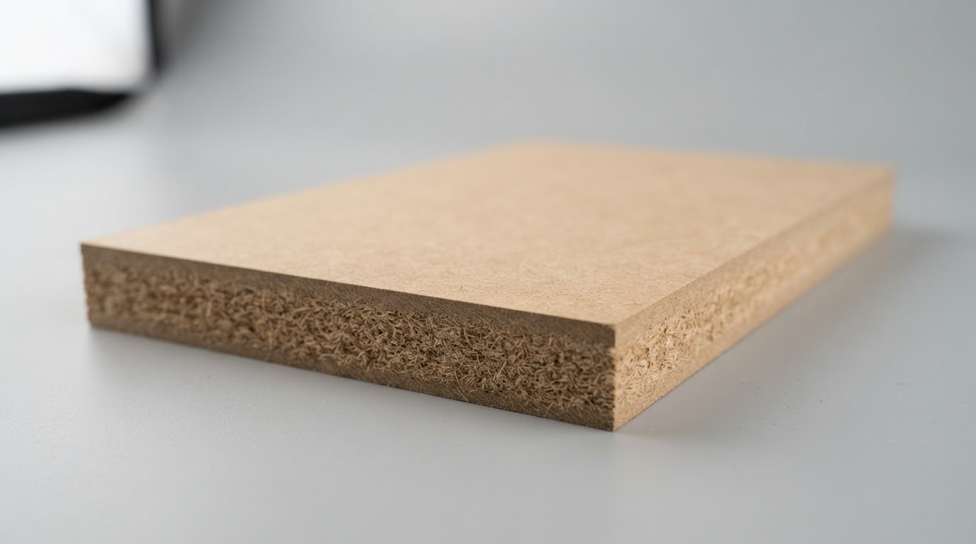 A smooth MDF panel showing its flat uniform surface and dense fine-fiber edge