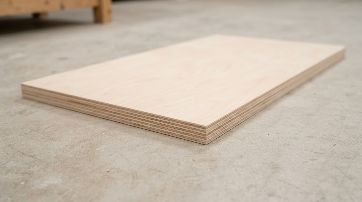 A birch plywood sheet showing layered wood edge grain and a flat face