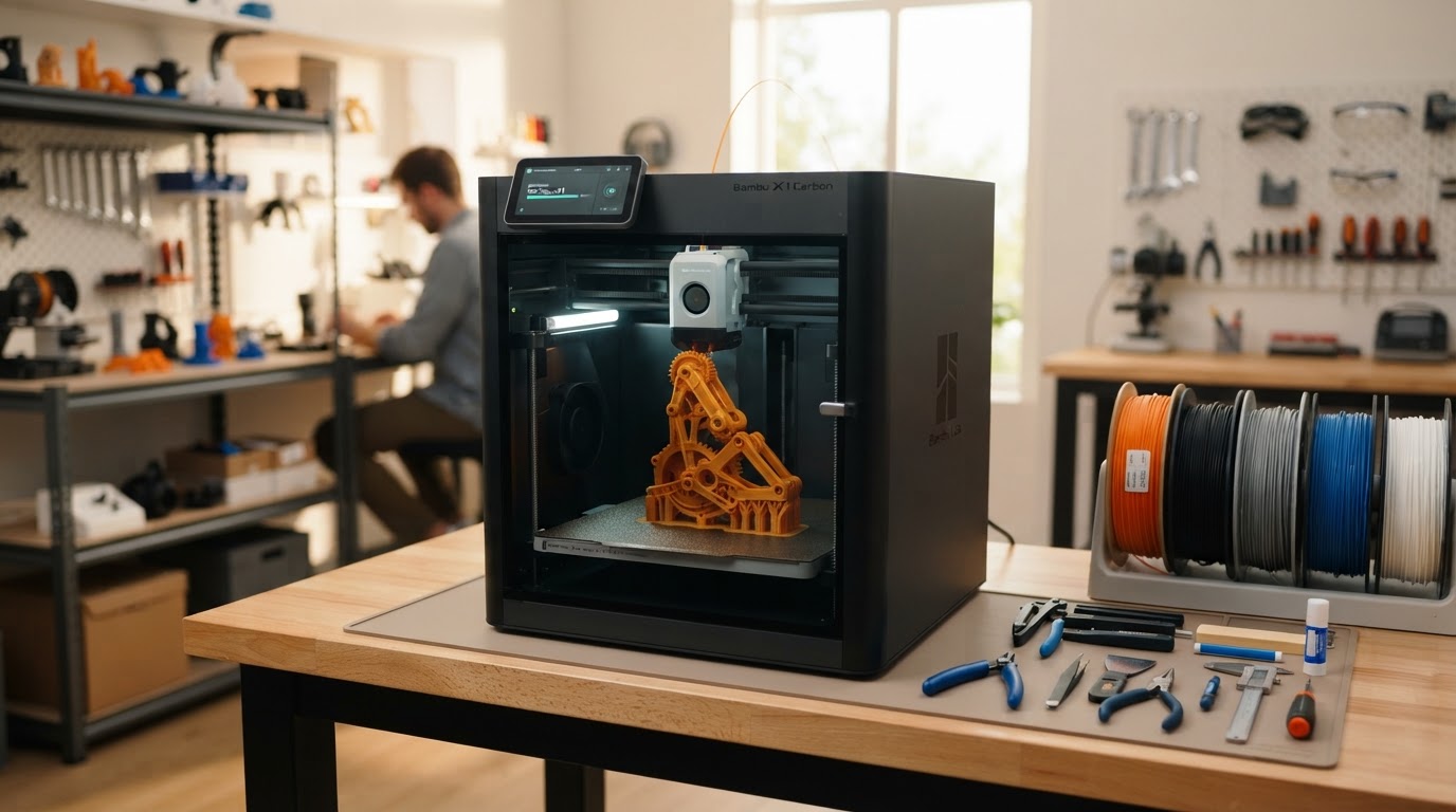 A modern desktop 3D printer in a workshop environment producing a detailed functional print