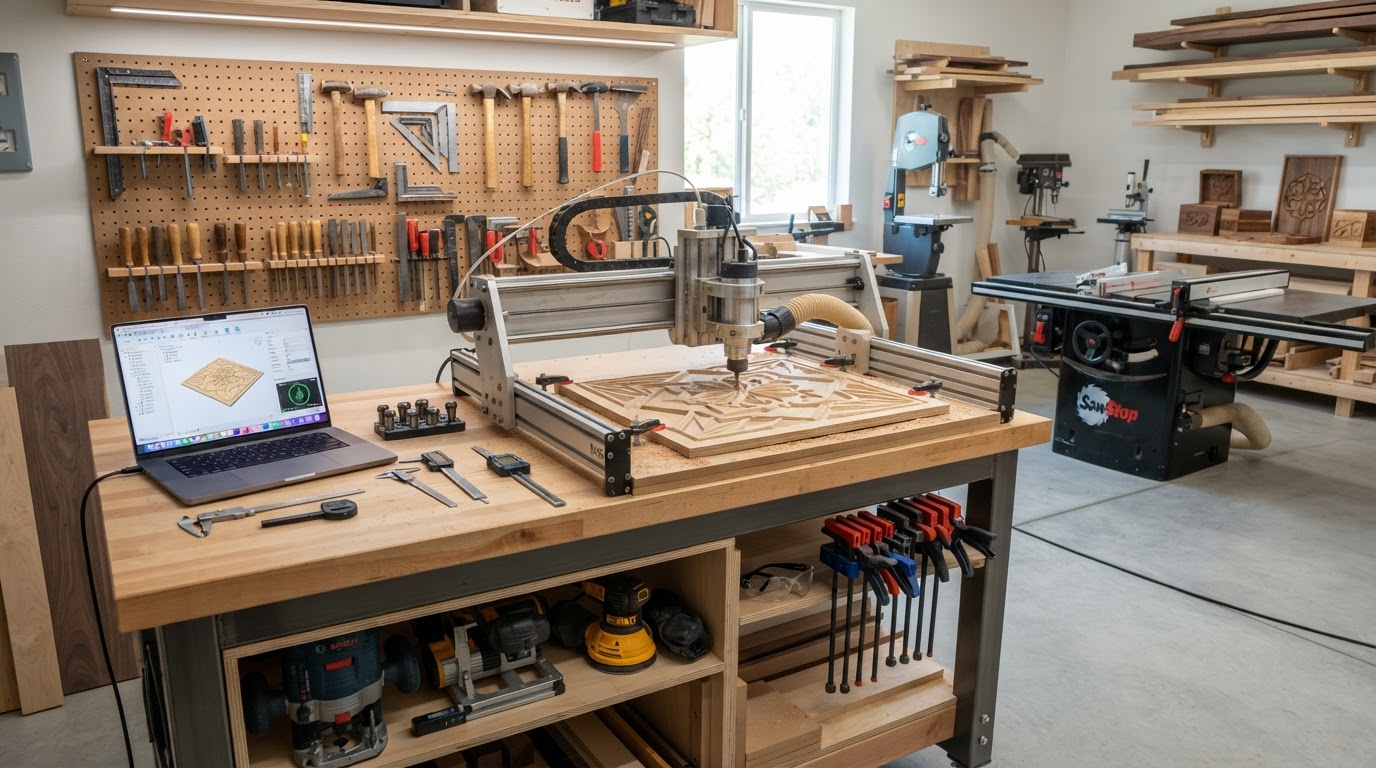 A desktop CNC router cutting a wood workpiece in a modern, organized workshop environment
