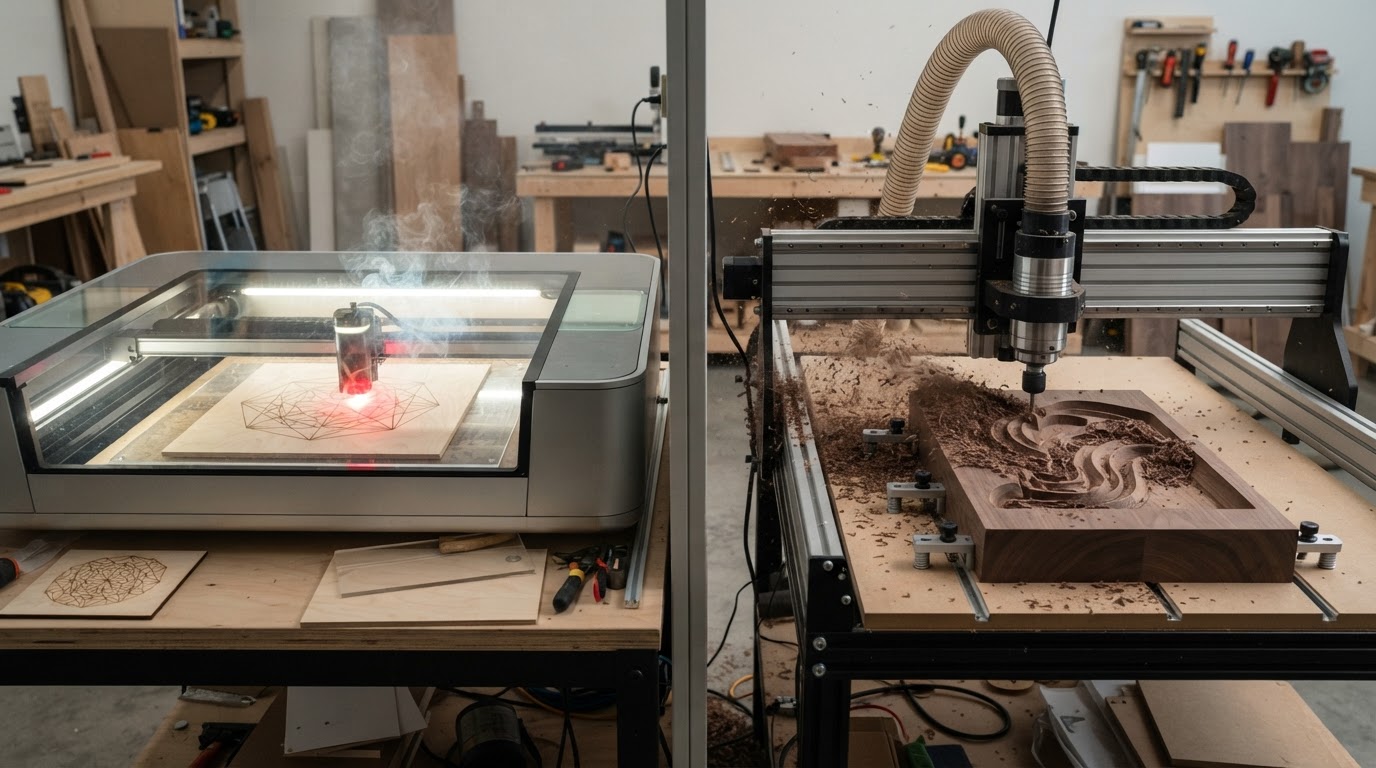 A split workshop scene: a laser cutter engraving a flat wood and acrylic sheet on the left, and a CNC router machining a thicker block of hardwood on the right