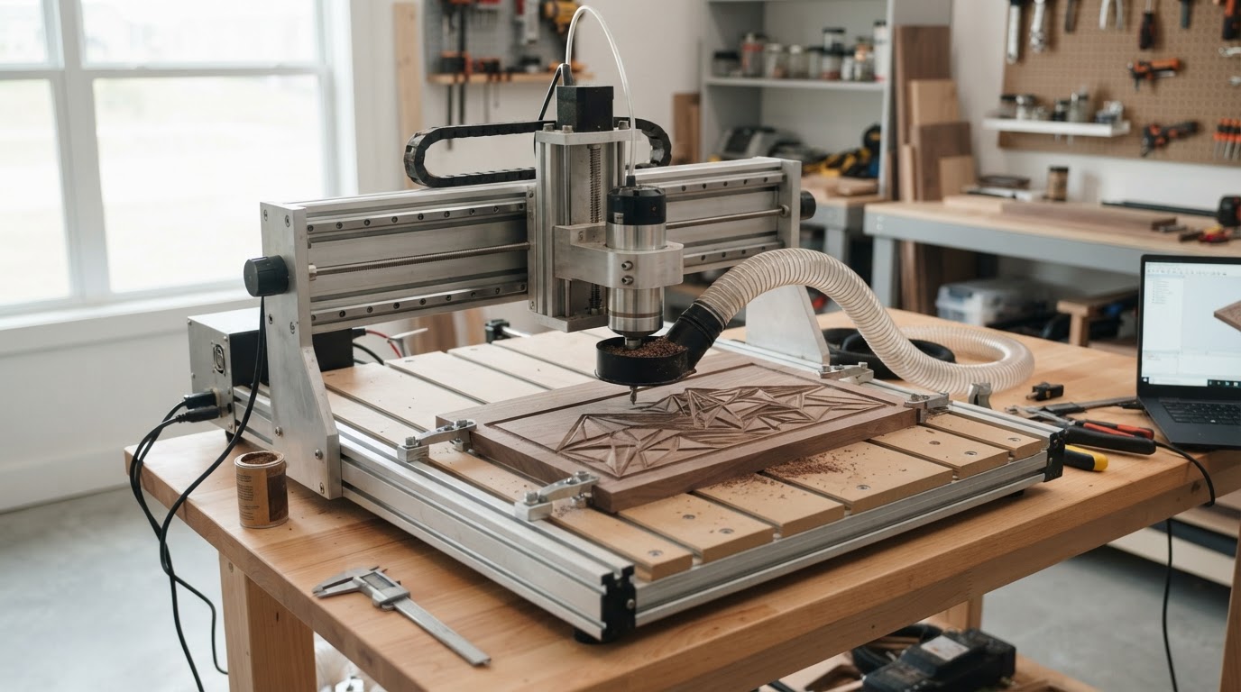 A desktop CNC router carving a wooden workpiece in a clean workshop