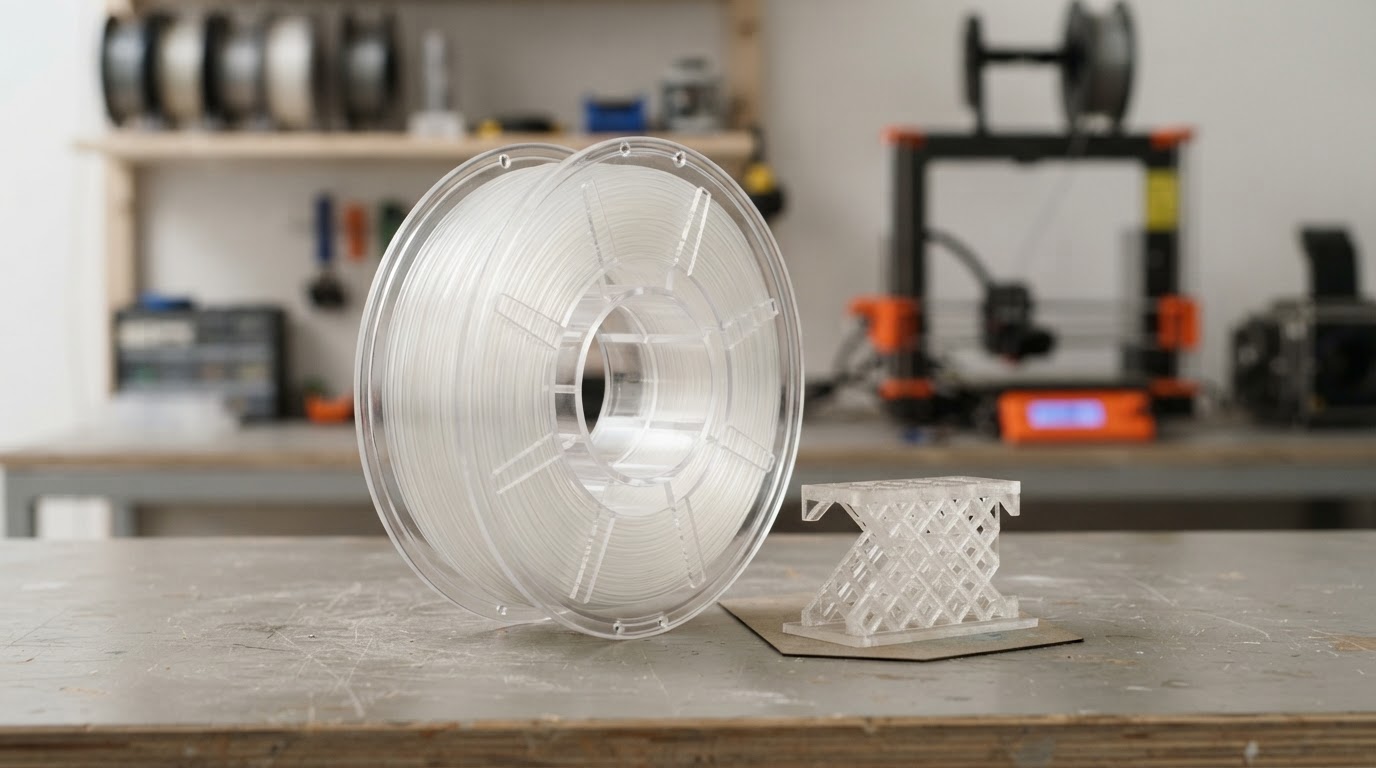 A spool of clear translucent PETG filament with a small 3D-printed PETG part
