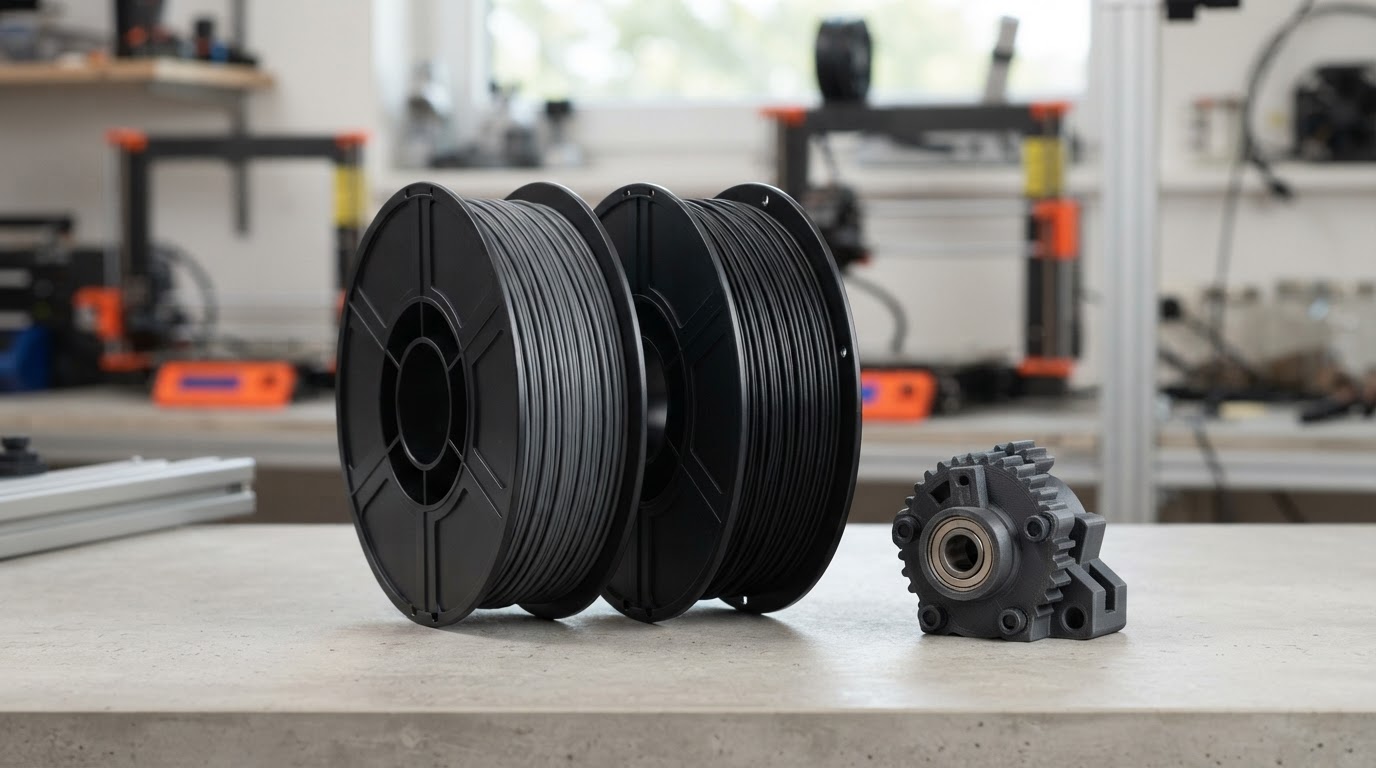 Spools of dark ABS and ASA 3D printing filament with a small sturdy printed mechanical part