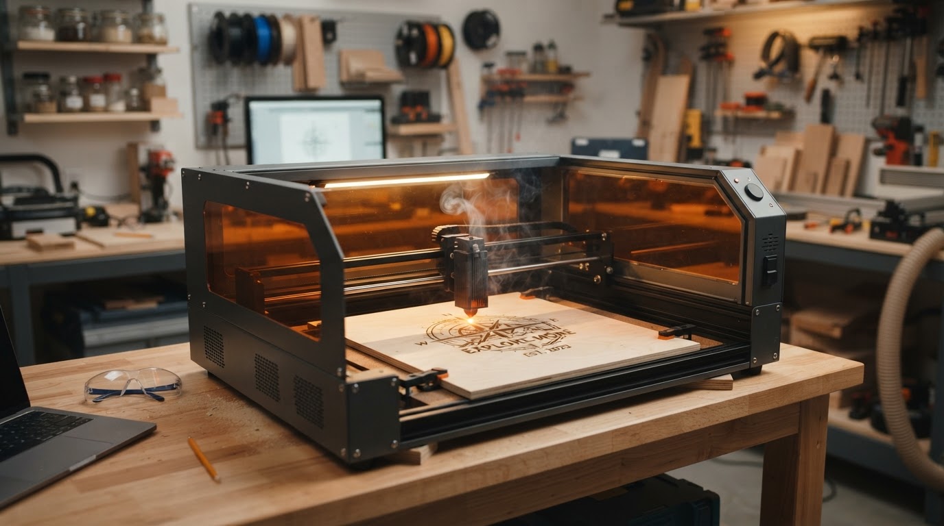 A desktop laser engraver engraving a wooden panel, representing diode, CO2, and fiber laser technology
