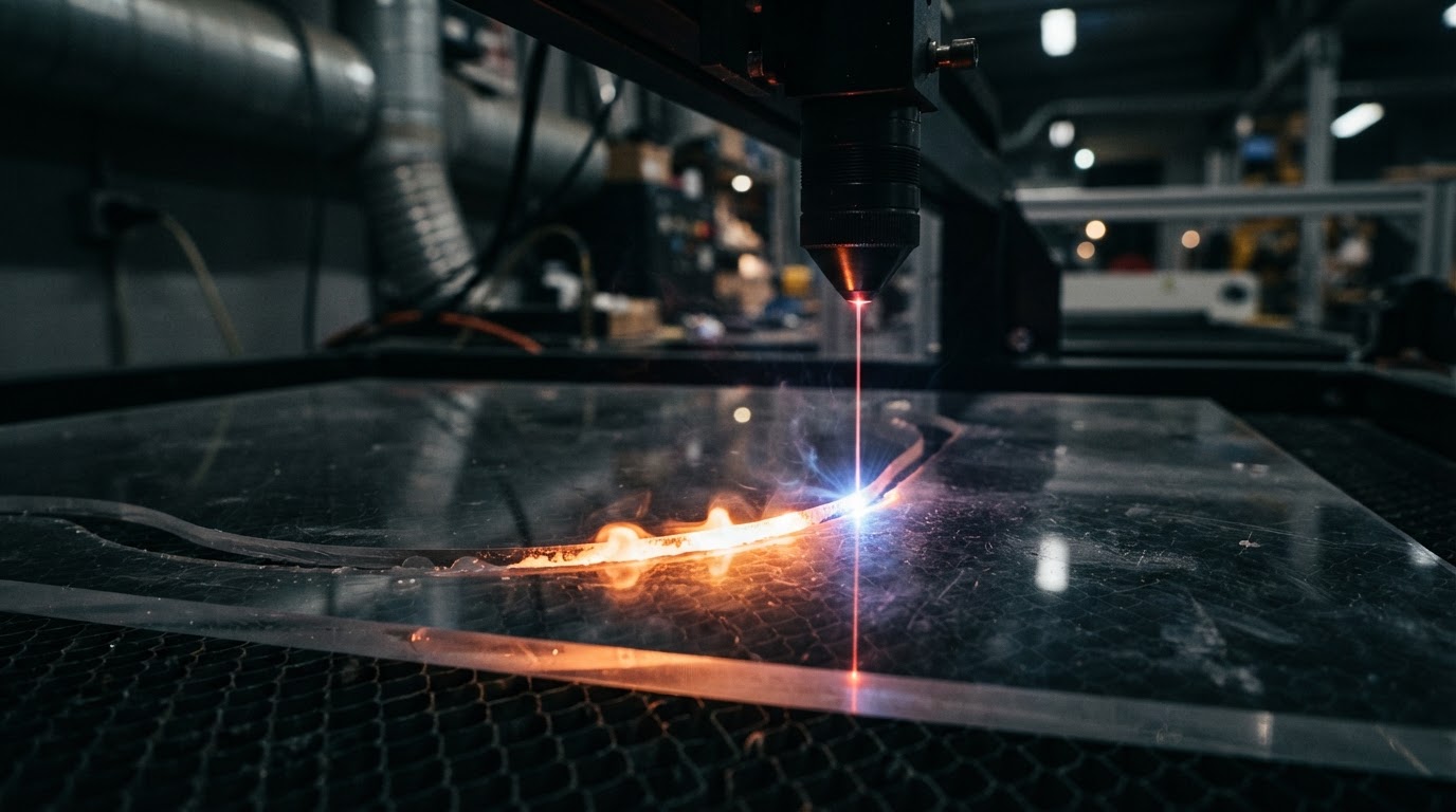 A laser beam cutting through a clear acrylic sheet in a workshop
