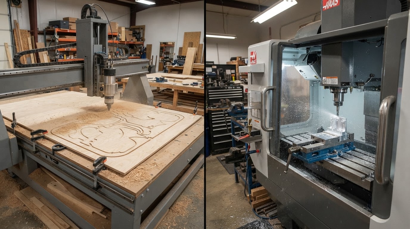 A split workshop scene: a gantry-style CNC router machining a large flat wooden panel on the left, and a compact rigid CNC mill machining a small aluminum part in a vise on the right