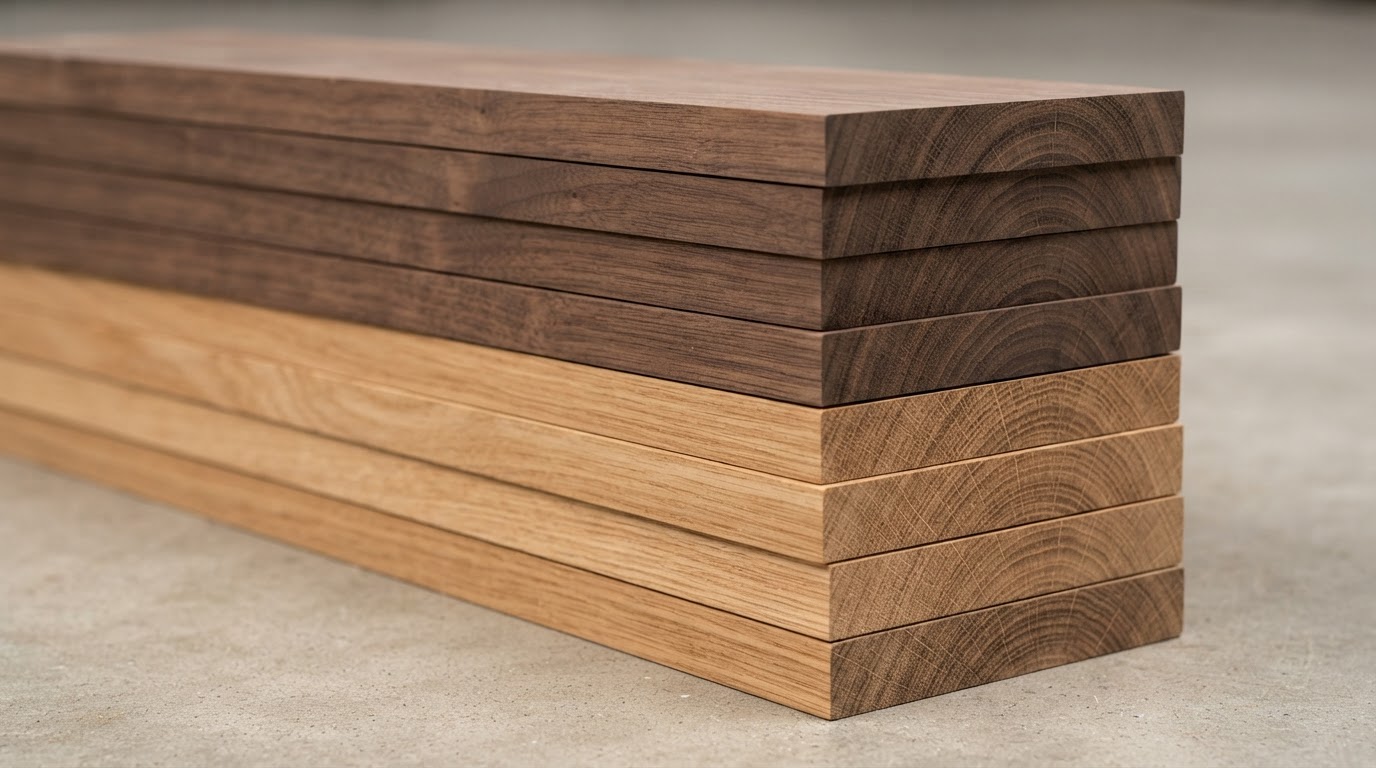 Stacked hardwood boards — oak and walnut — showing rich natural grain