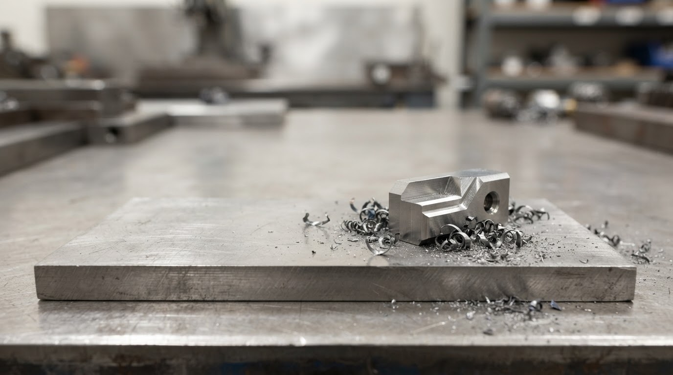 Solid steel stock — a flat steel plate and a small machined steel workpiece