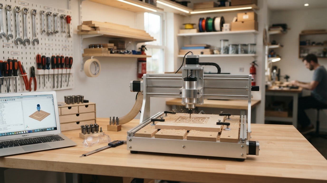 A compact desktop CNC router on a tidy home workshop bench, a beginner-friendly fabrication setup