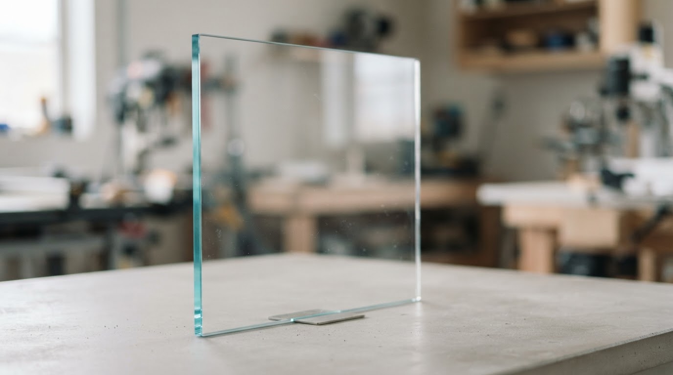 A clear acrylic sheet with polished edges and a subtle blue-green tint