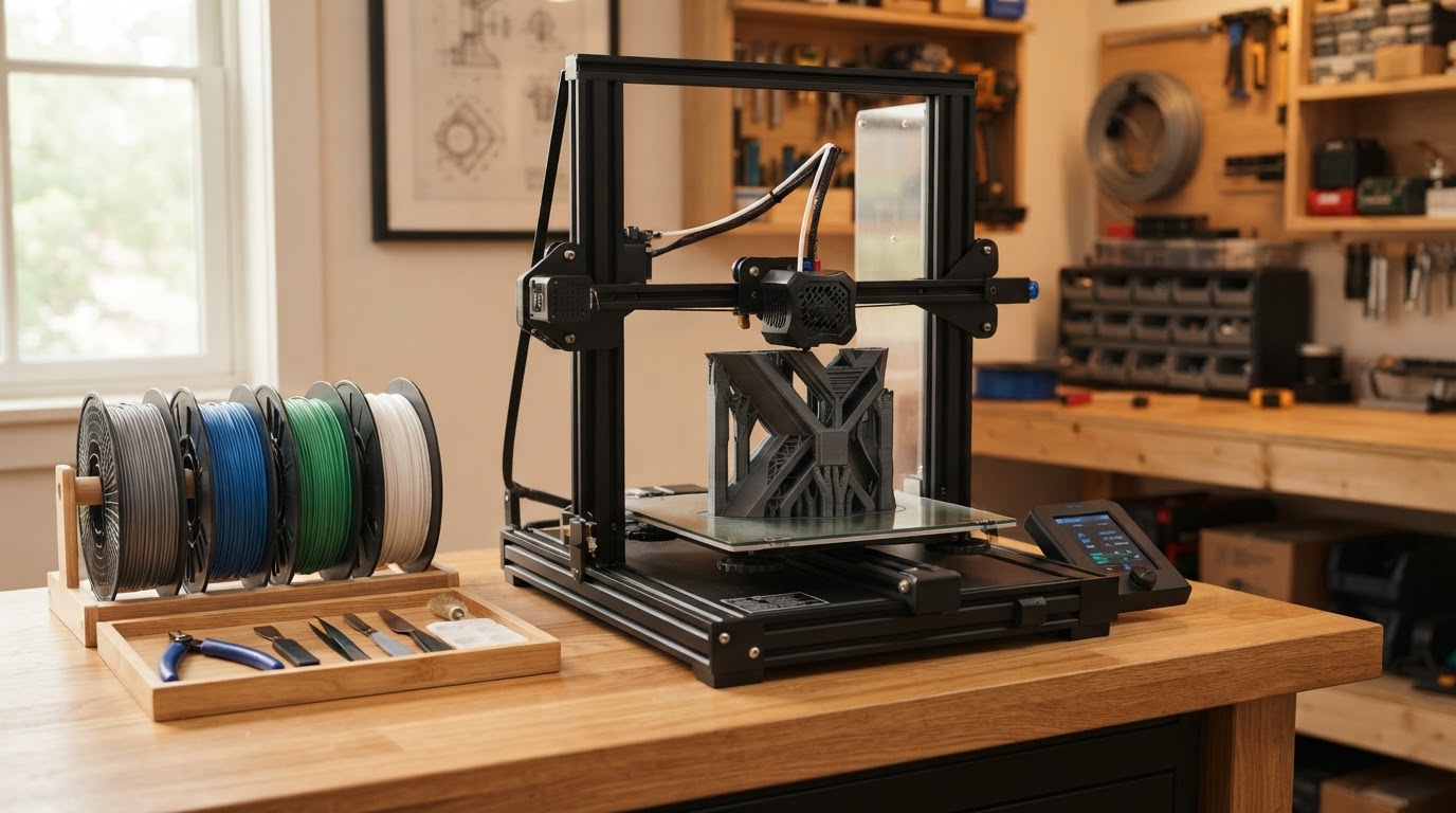 Desktop FDM 3D printer creating a model in a home workshop