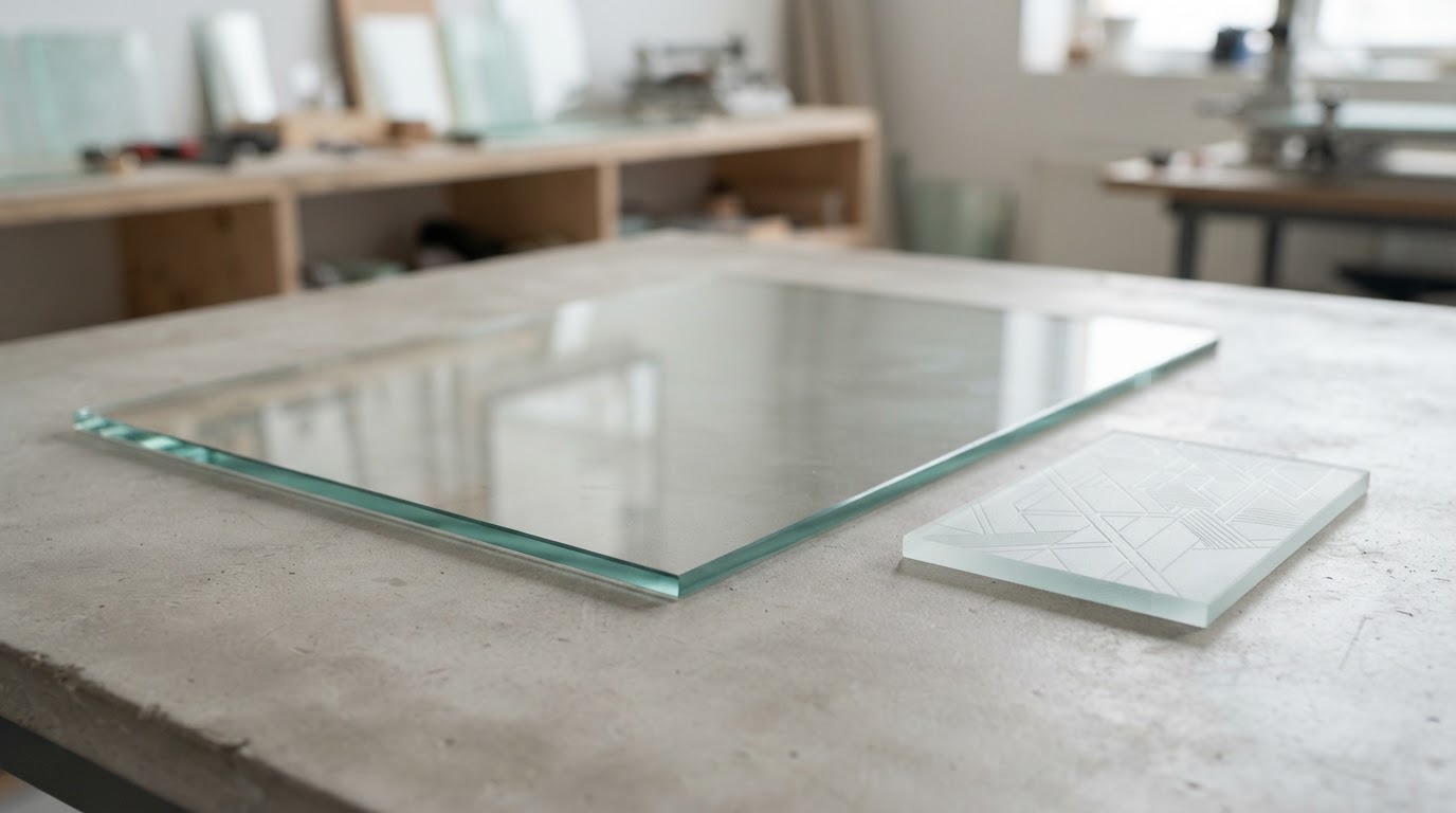 A clear flat glass sheet with a small frosted engraved glass piece beside it