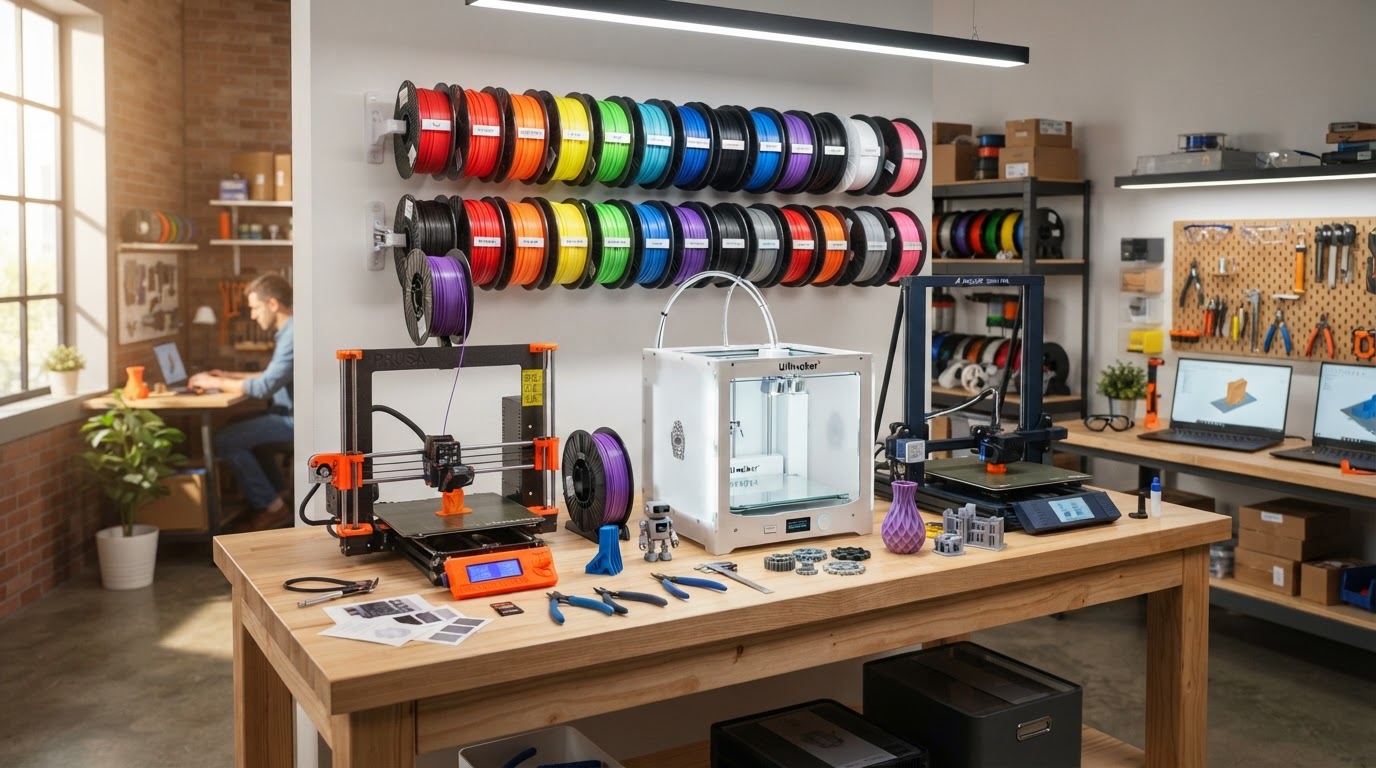 Desktop 3D printers and filament arranged in a modern maker workshop