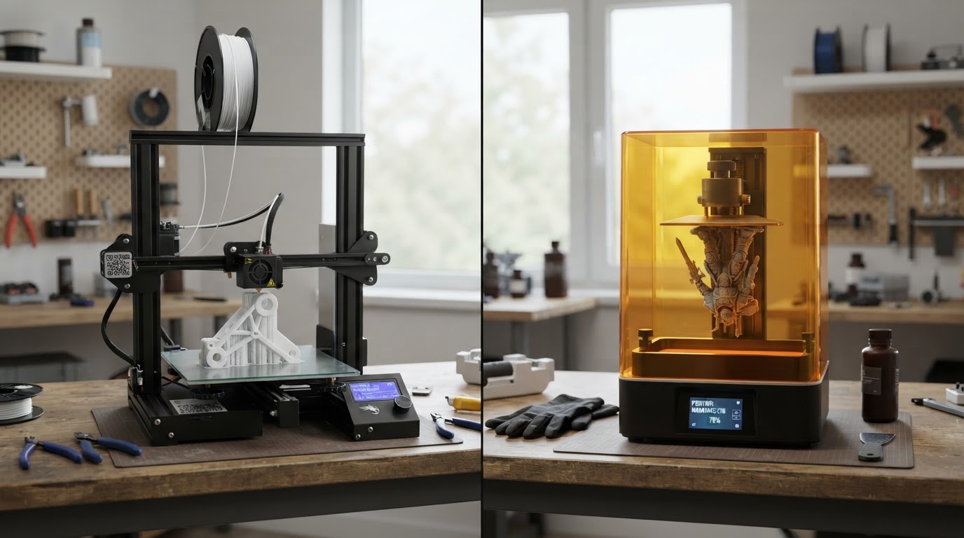 FDM filament printer and resin 3D printer shown side by side in a workshop