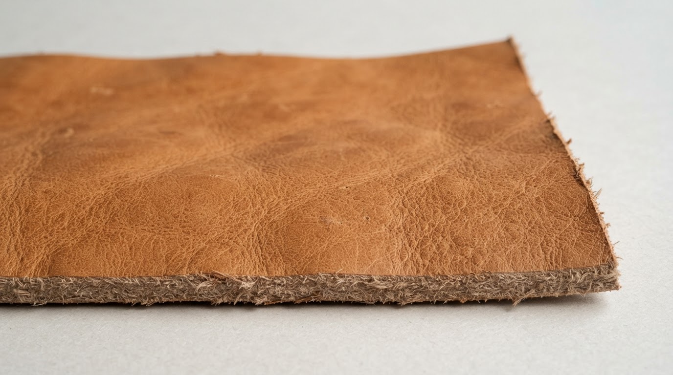 A natural vegetable-tanned leather sheet with visible grain and a raw cut edge