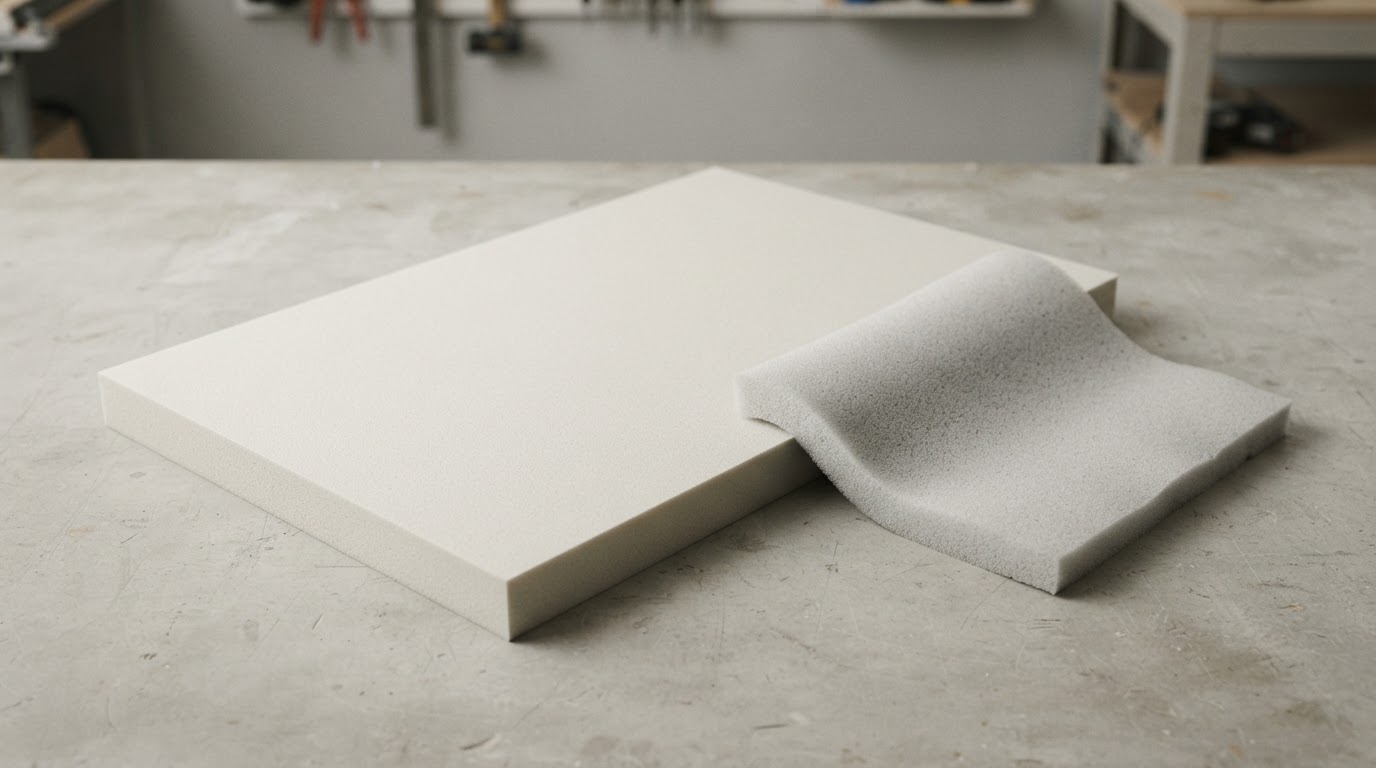 A light-colored rigid foam panel and a piece of soft foam stock on a neutral surface