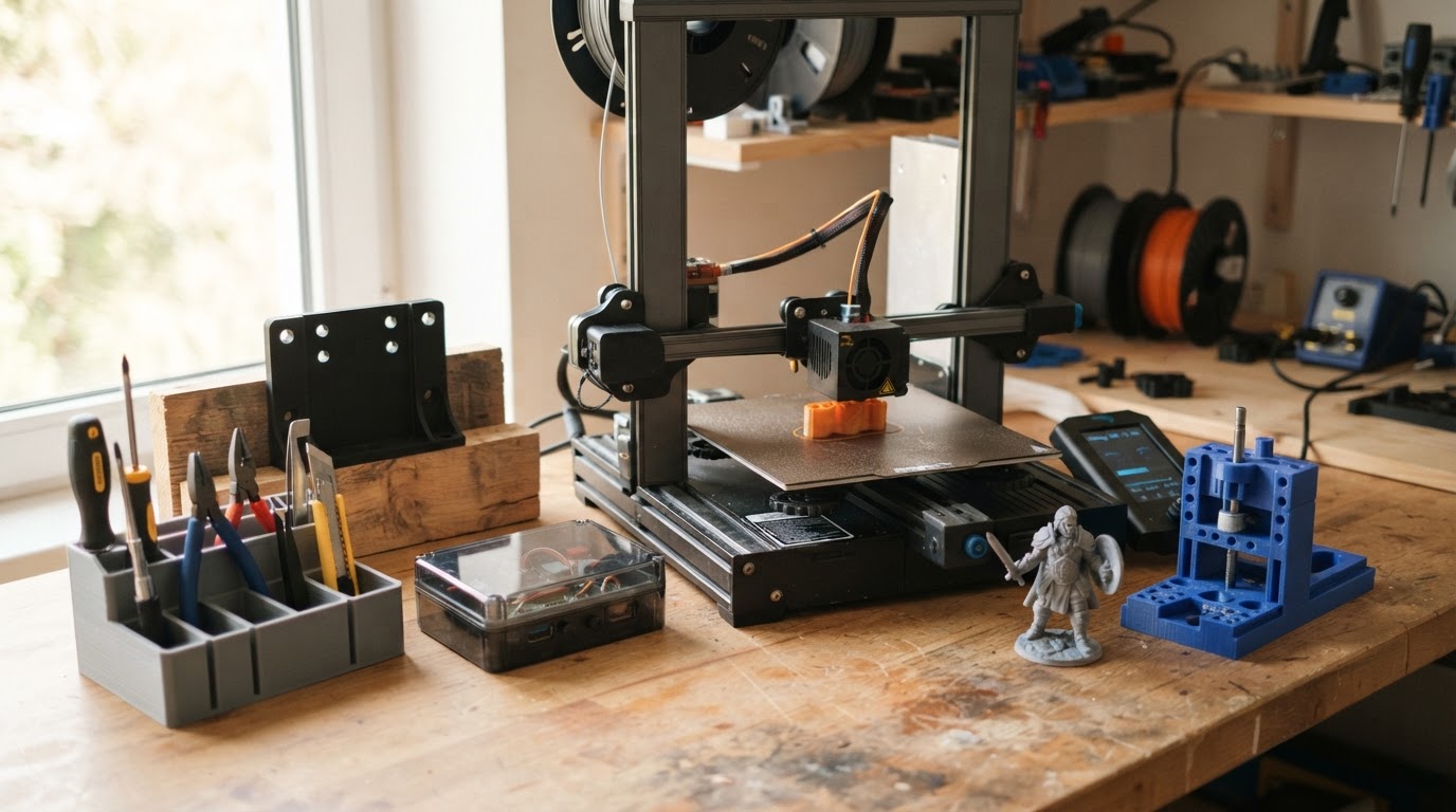 A home maker workshop desk with a desktop 3D printer surrounded by useful printed objects: an organizer, bracket, electronics enclosure, miniature, and workshop jig