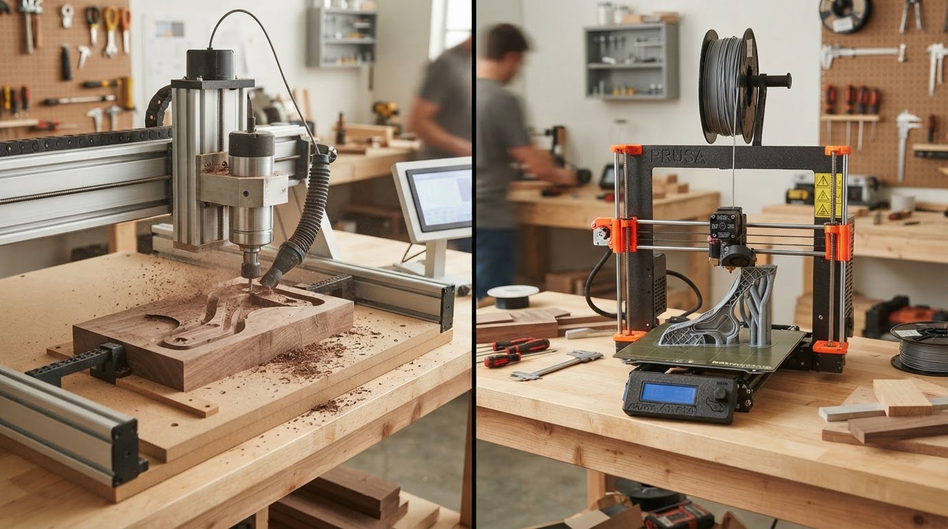 A split workshop scene: a CNC router machining a thick block of hardwood on the left, and a desktop 3D printer building a dimensional plastic bracket layer by layer on the right