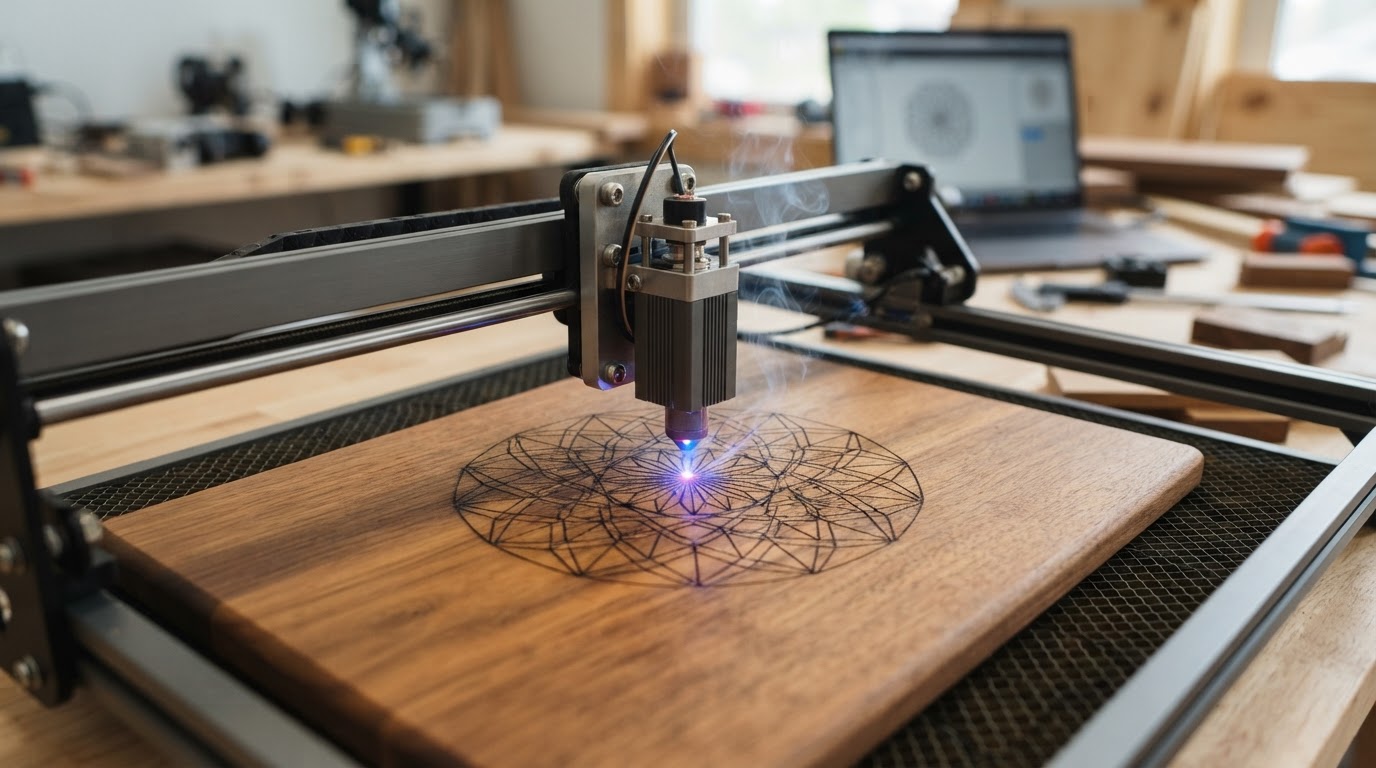 A desktop laser engraver etching a detailed design into a wooden cutting board