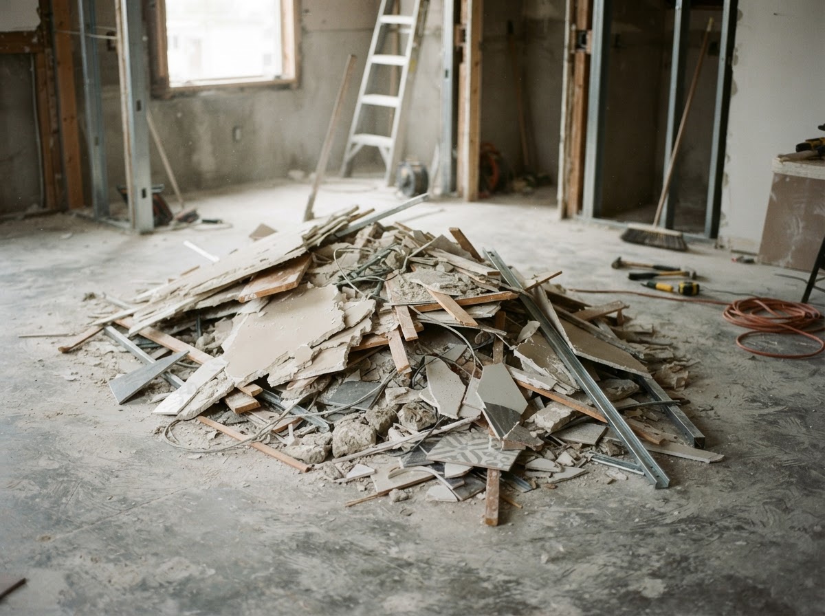 Construction debris and rubble cleared from a job site