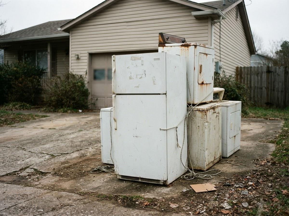 Refrigerator and appliances loaded for recycling and disposal